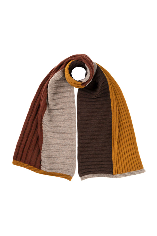 Johnstons of Elgin AW24 Knitted Accessory Ochre & SFA Ash & SFA Russet & Peat Colour Block Cashmere Scarf HAA03403Q24497ONE
