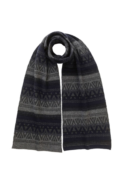 Johnstons of Elgin AW24 Knitted Accessory Mid Grey & Charcoal & Dark Navy & Black Graphic Jacquard Cashmere Scarf HAA03413Q24552ONE