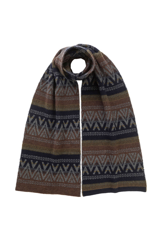 Johnstons of Elgin AW24 Knitted Accessory Peat & Mid Grey & Dark Navy & Olive Graphic Jacquard Cashmere Scarf HAA03413Q24554ONE