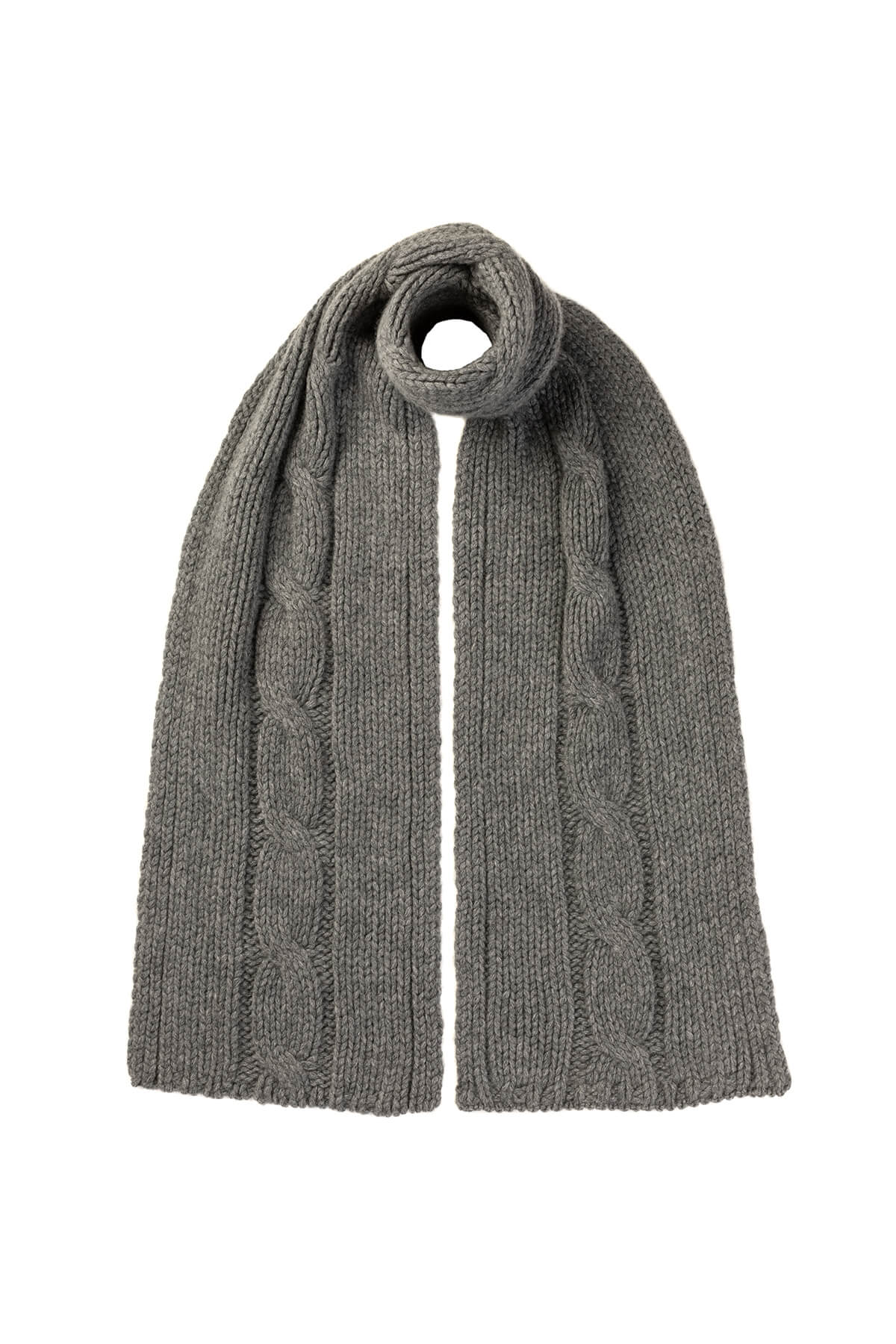 Johnstons of Elgin Luxe Cable Cashmere Scarf in Granite Grey on a white background HAB03195HA5931ONE