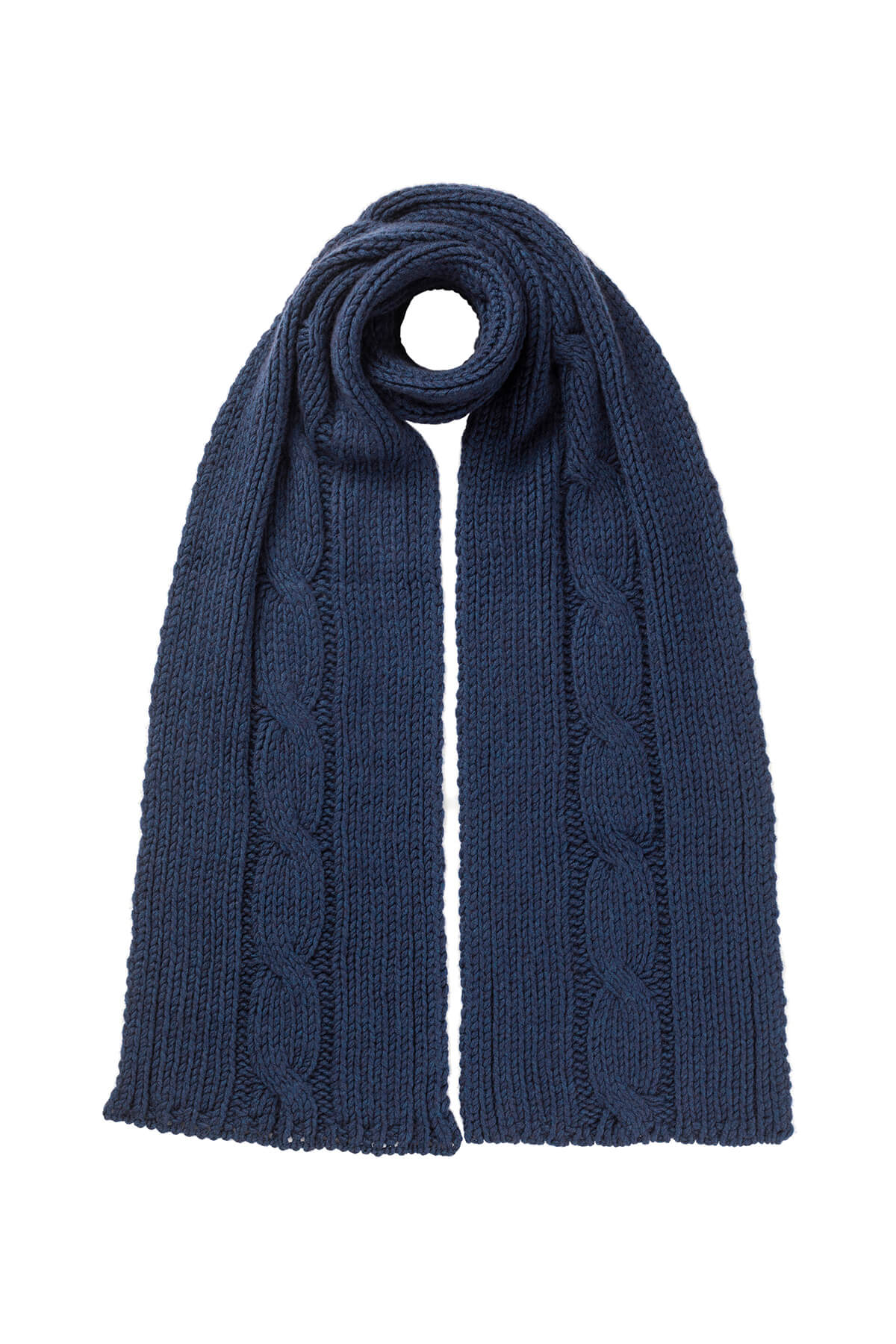 Johnstons of Elgin’s Ocean blue Luxe Chunky Cable Cashmere Scarf on a white background HAB03195HD7244