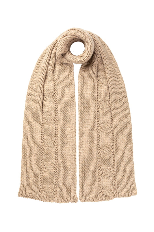 Johnstons of Elgin’s Oatmeal Luxe Chunky Cable Cashmere Scarf on a white background HAB03195HB0210