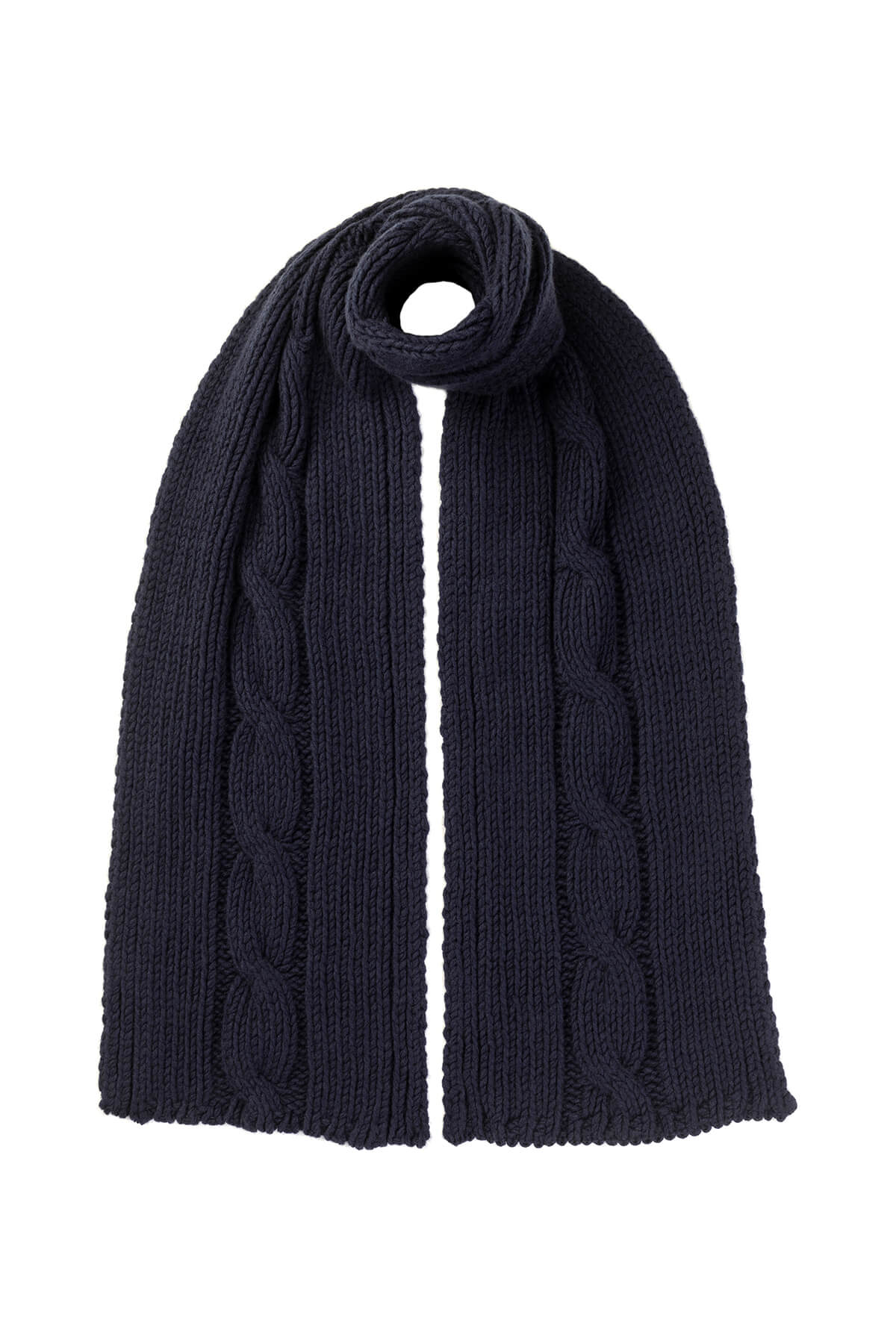 Johnstons of Elgin’s Navy Luxe Chunky Cable Cashmere Scarf on a white background HAB03195SD0707