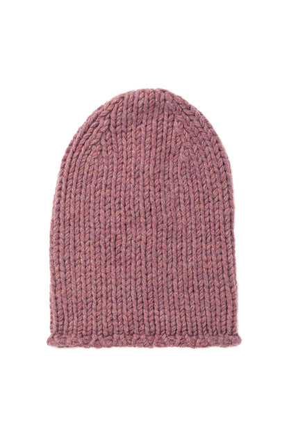 Johnstons of Elgin’s Heather pink Chunky Jersey Cashmere Hat on a white background HAB03196HE4307