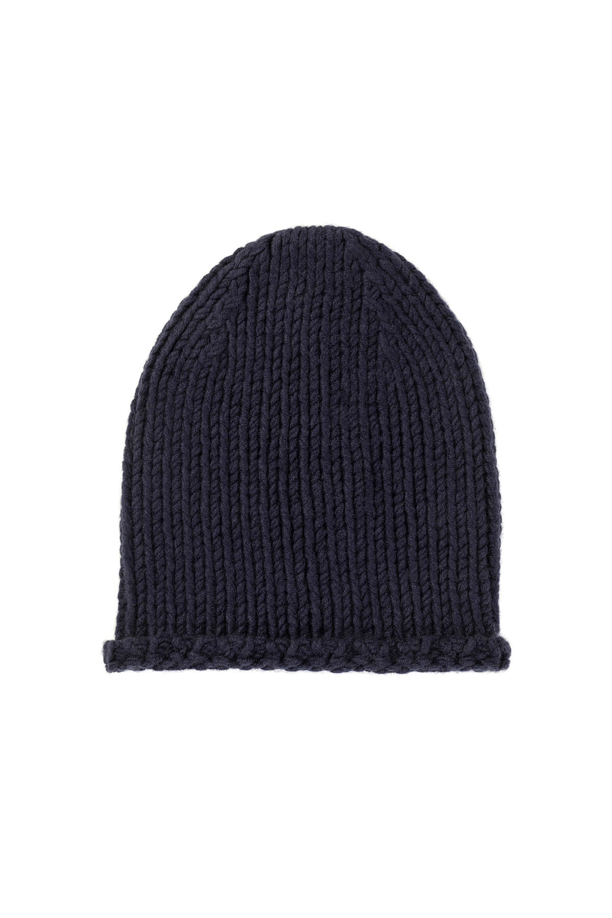 Johnstons of Elgin’s Navy Chunky Jersey Cashmere Hat on a white background HAB03196SD0707ONE