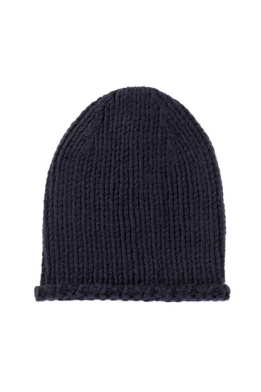 Johnstons of Elgin’s Navy Chunky Jersey Cashmere Hat on a white background HAB03196SD0707ONE