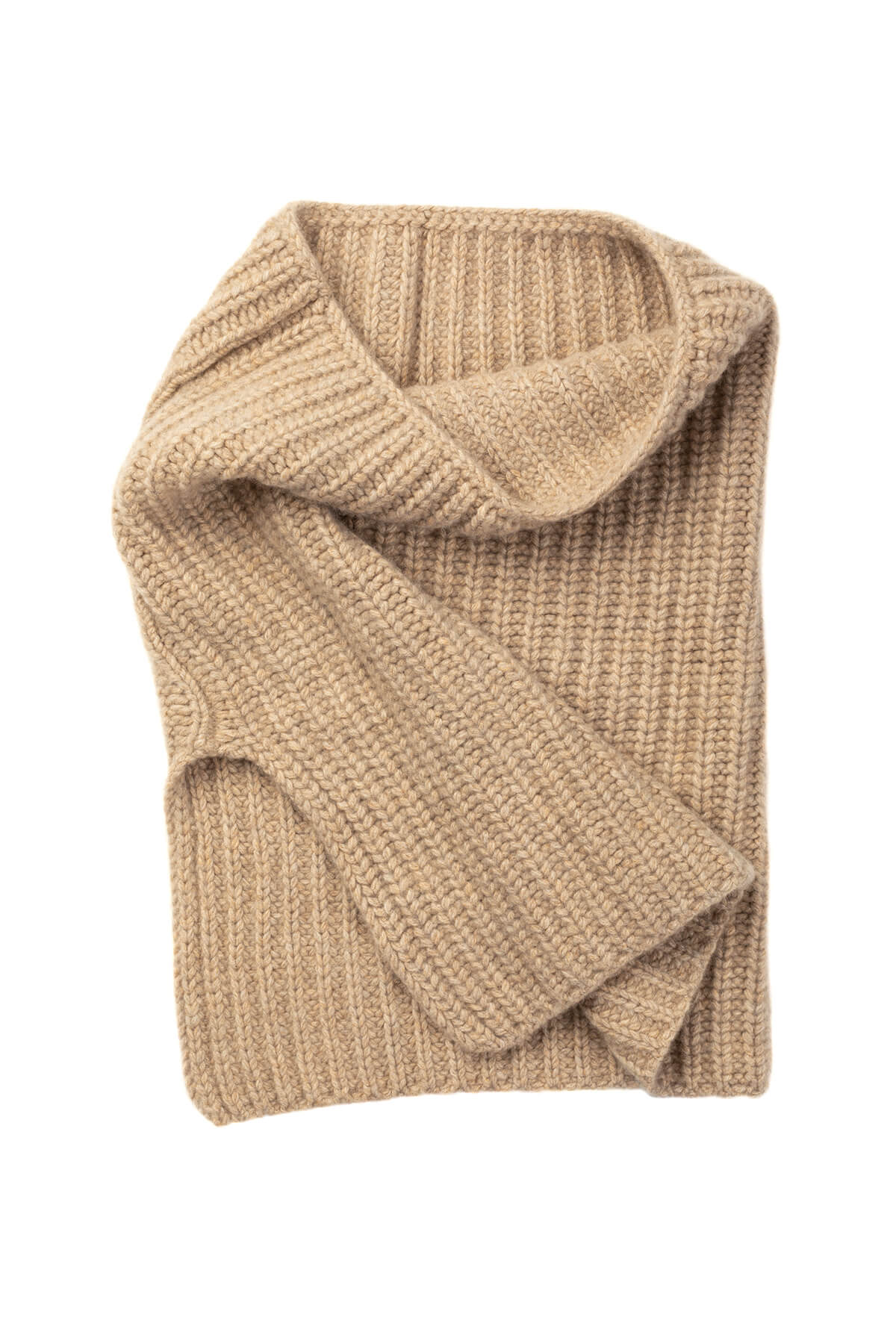 Johnstons of Elgin’s Oatmeal Luxe Rib Cashmere Snood with Shoulder Split on white background HAB03312HB0210