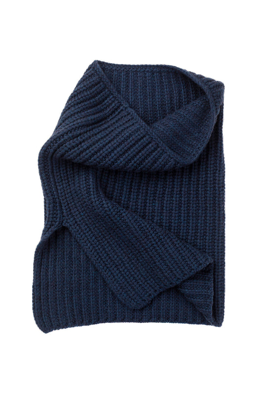 Johnstons of Elgin’s Ocean blue Luxe Rib Cashmere Snood with Shoulder Split on white background HAB03312HD7244