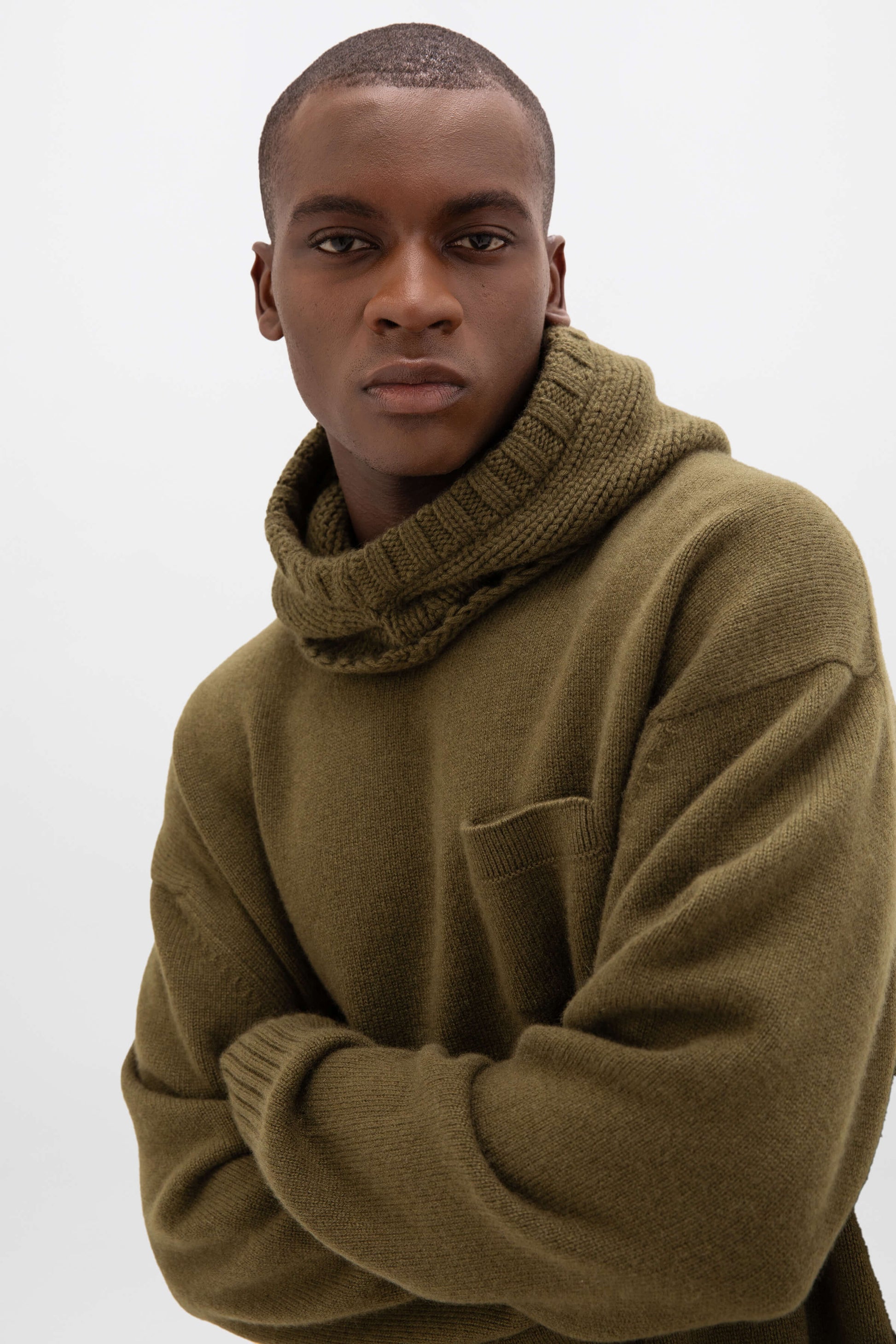 Johnstons of Elgin AW24 Knitted Accessory Olive Luxe Cashmere Snood Hood HAB03405SC4573ONE