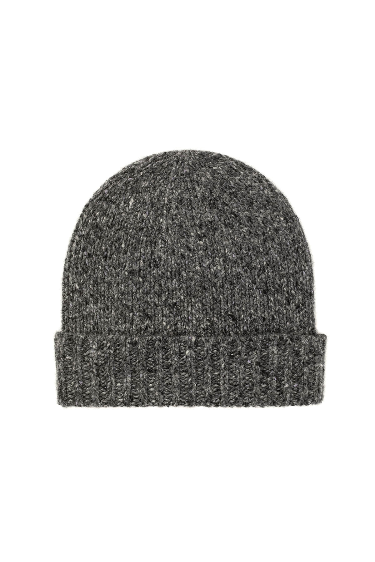 Johnstons of Elgin’s Mid Grey Cashmere Donegal Beanie on a white background HAC03247HA7161