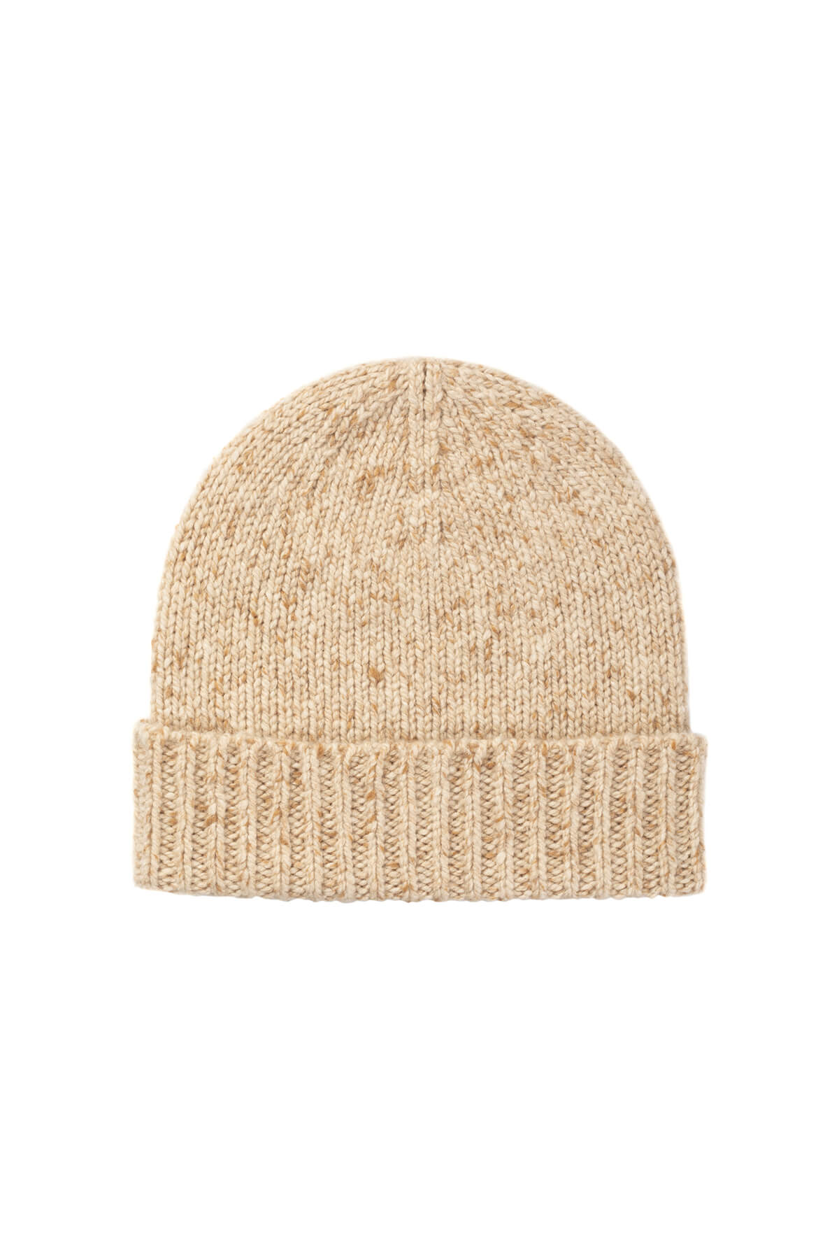 Johnstons of Elgin’s Light Camel Cashmere Donegal Beanie on a white background HAC03247HB0209