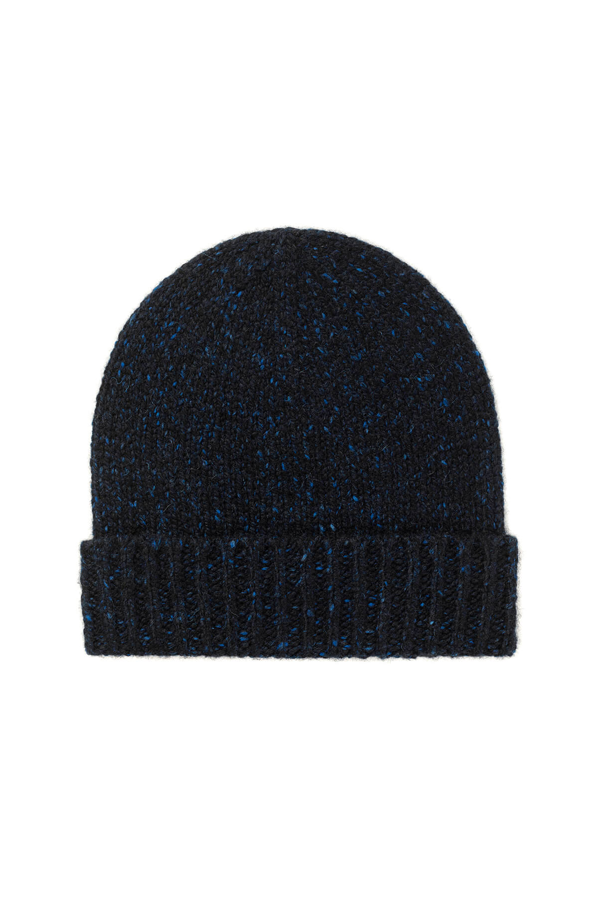 Johnstons of Elgin’s Dark Navy Cashmere Donegal Beanie on a white background HAC03247HD7243