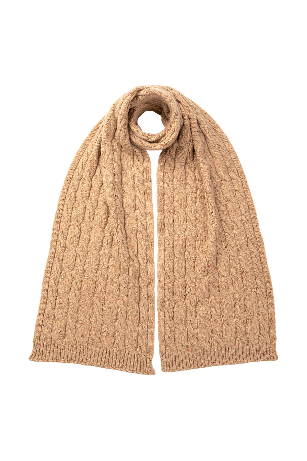 Johnstons of Elgin’s Camel Donegal Cashmere Donegal Cable Scarf on a white background HAC03311004507
