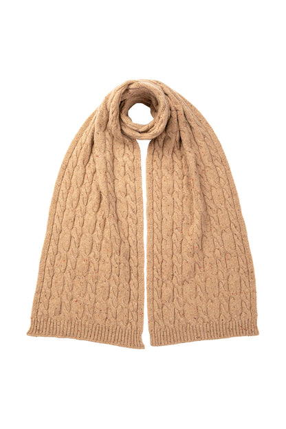 Johnstons of Elgin’s Camel Donegal Cashmere Donegal Cable Scarf on a white background HAC03311004507