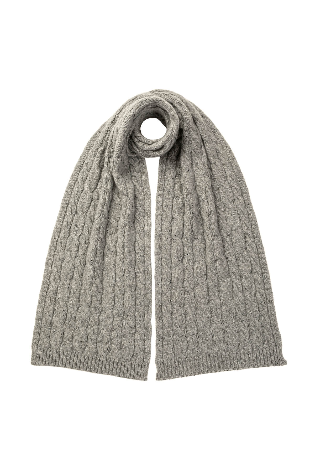 Johnstons of Elgin’s Light grey Donegal Cashmere Donegal Cable Scarf on a white background HAC03311002674