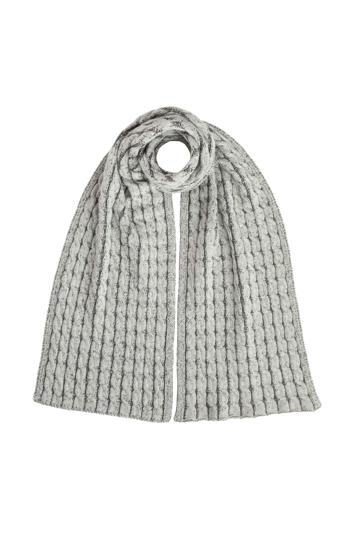 Johnstons of Elgin AW24 Knitted Accessory Pale Grey Donegal & SFA Mid Grey Donegal Cashmere Cable Scarf HAC03404Q24509ONE