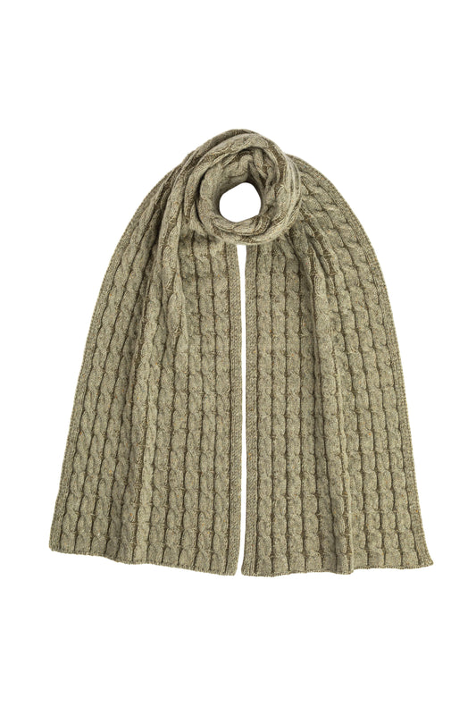 Johnstons of Elgin AW24 Knitted Accessory Lichen Donegal & SFA Olive Donegal Cashmere Cable Scarf HAC03404Q24511ONE