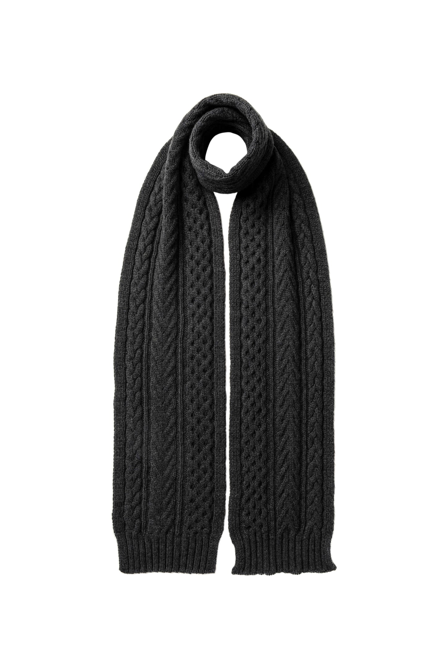 Johnstons of Elgin AW24 Knitted Accessory Charcoal SFA Aran Cable Cashmere Scarf HAC03406HA7165ONE