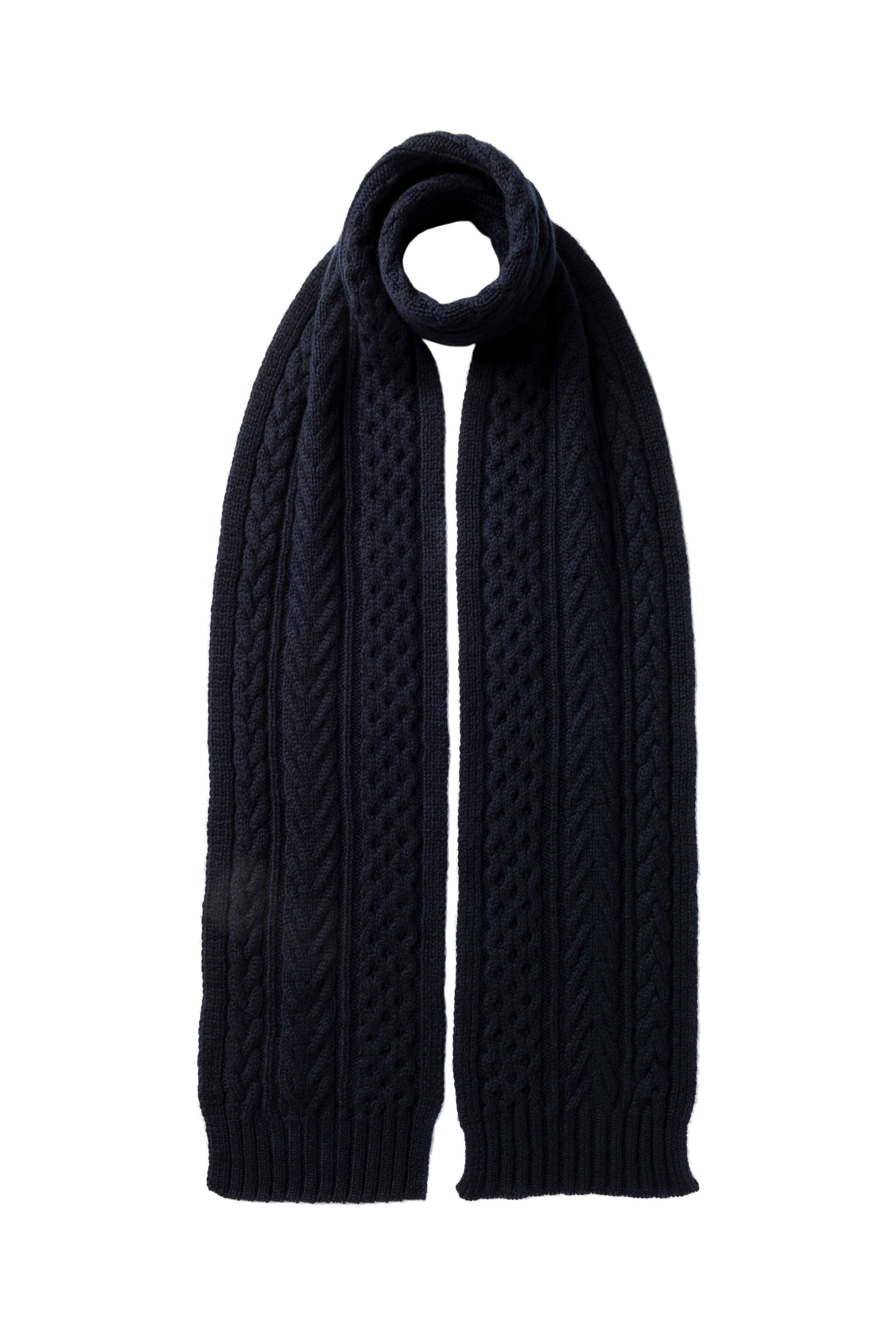 Johnstons of Elgin AW24 Knitted Accessory Dark Navy Aran Cable Cashmere Scarf HAC03406SD7286ONE