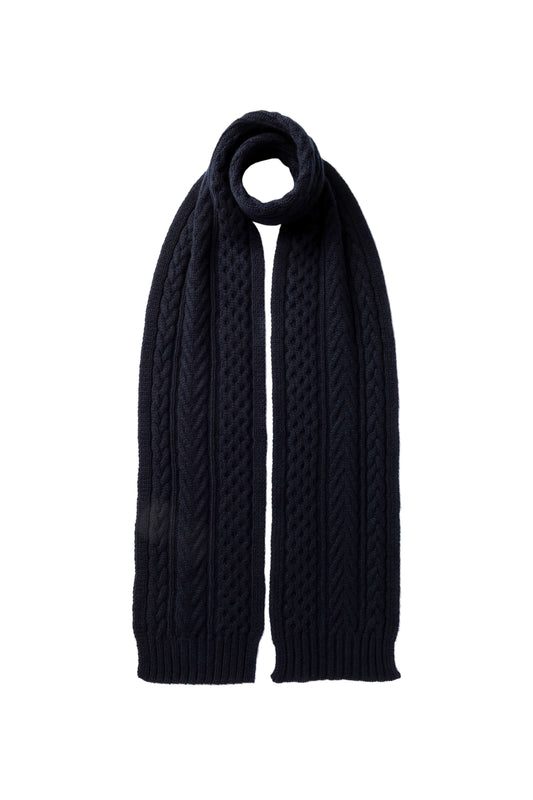 Johnstons of Elgin AW24 Knitted Accessory Dark Navy Aran Cable Cashmere Scarf HAC03406SD7286ONE