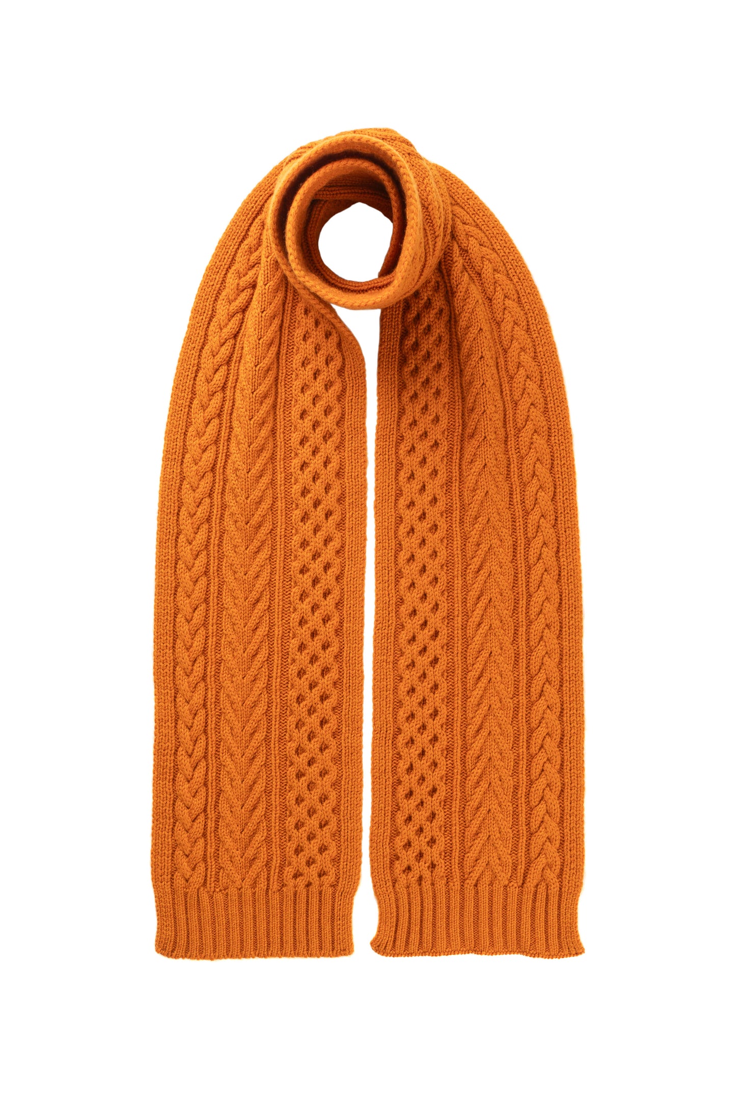 Johnstons of Elgin AW24 Knitted Accessory Burnt Orange Aran Cable Cashmere Scarf HAC03406SG4199ONE