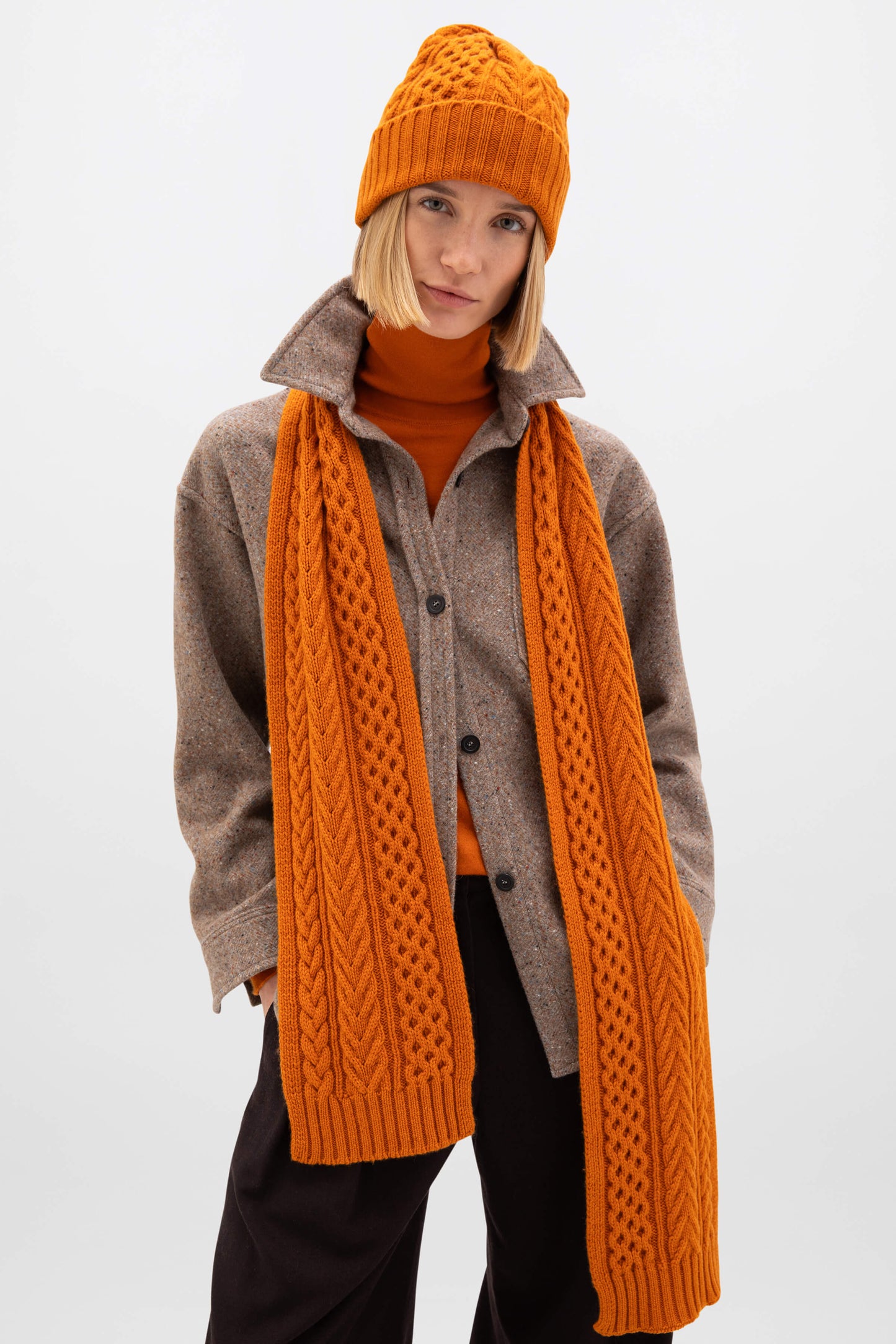 Johnstons of Elgin AW24 Knitted Accessory Burnt Orange Aran Cable Cashmere Scarf HAC03406SG4199ONE