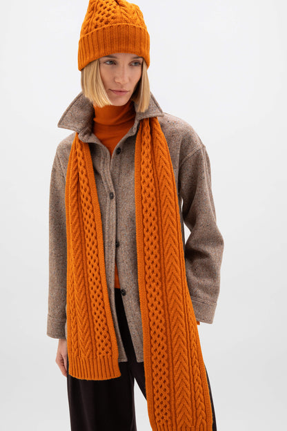 Johnstons of Elgin AW24 Knitted Accessory Burnt Orange Aran Cable Cashmere Scarf HAC03406SG4199ONE