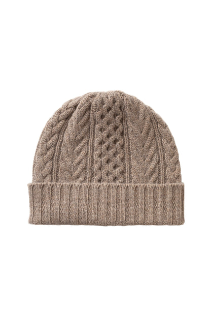 Johnstons of Elgin AW25 Knitted Accessories Ash Aran Cable Brown Cashmere Beanie HAC03411HB4334ONE