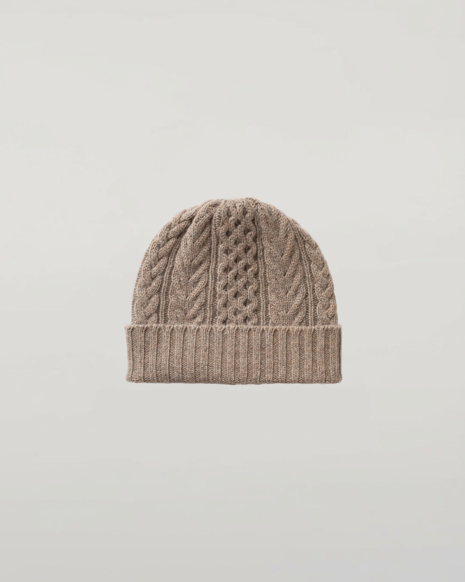 Johnstons of Elgin AW25 Knitted Accessories Ash Aran Cable Brown Cashmere Beanie HAC03411HB4334ONE