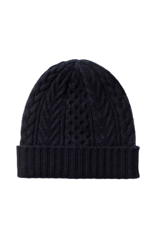 Johnstons of Elgin AW24 Knitted Accessory Dark Navy Aran Cable Cashmere Beanie HAC03411SD7286ONE