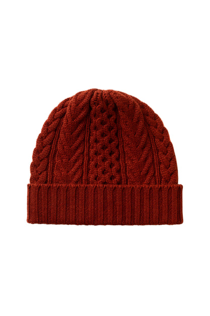 Johnstons of Elgin AW25 Knitted Accessories Oxblood Aran Cable Red Cashmere Beanie HAC03411SG4463ONE