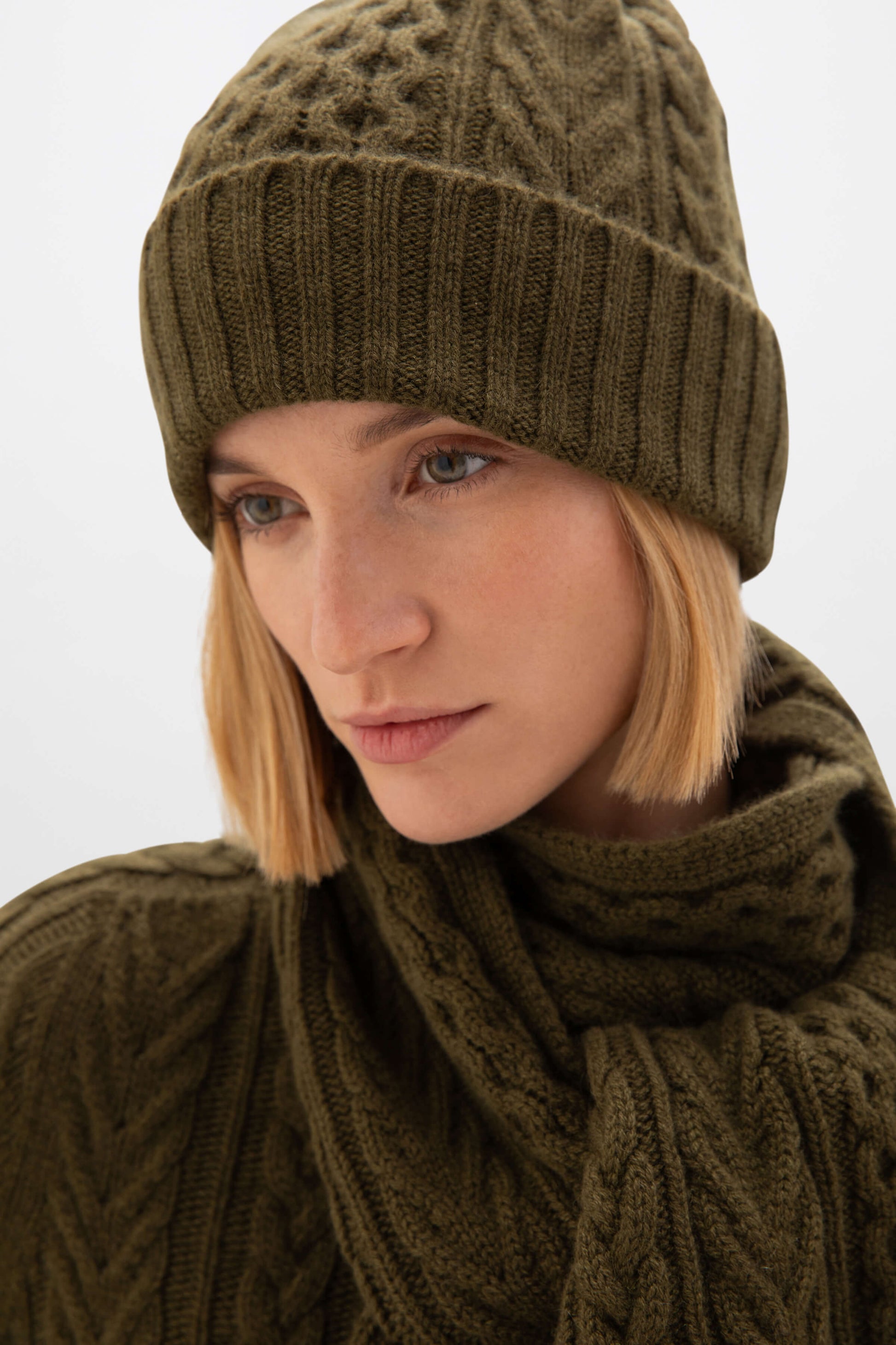 Johnstons of Elgin AW24 Knitted Accessory Olive Aran Cable Cashmere Beanie HAC03411SC4573ONE