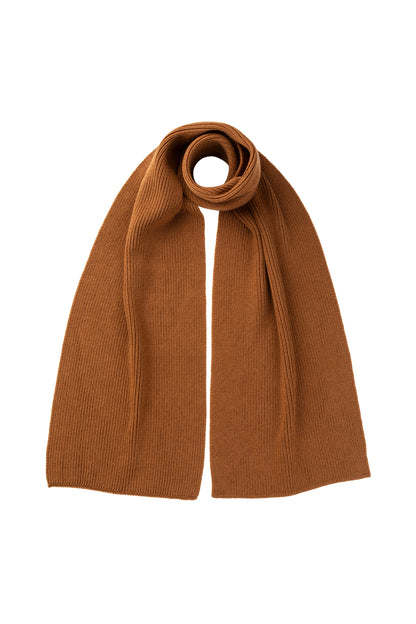 Johnstons of Elgin AW25 Knitted Accessories Dark Camel Ribbed Camel Cashmere Scarf HAC03537SB4620ONE