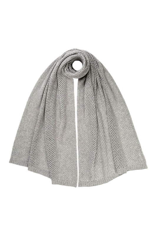  Johnstons of Elgin’s Light Grey Crochet Cashmere Wrap on a white background HAC05040HA0308