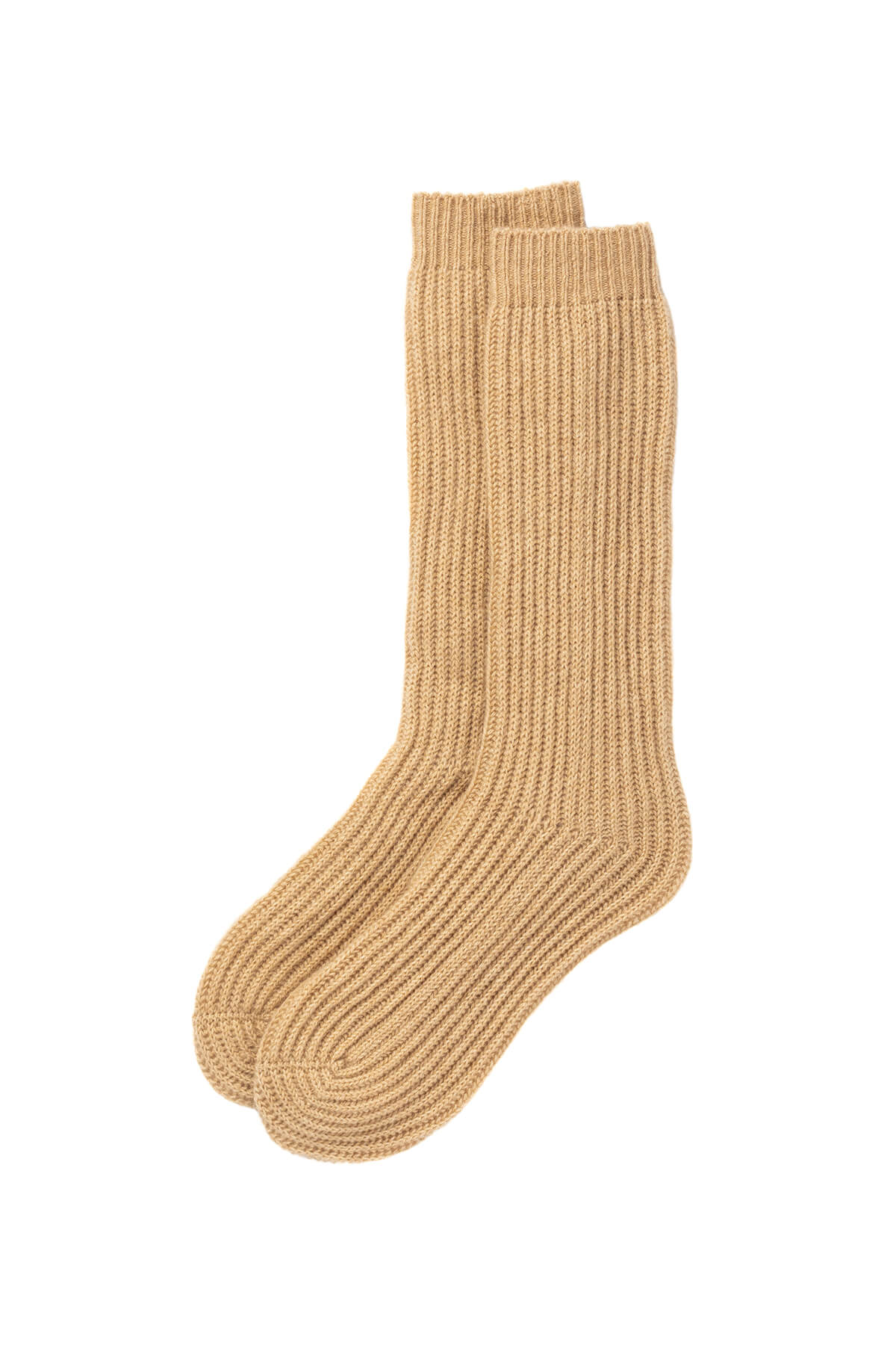 Johnstons of Elgin’s Light Camel Luxe Ribbed Cashmere Bed Socks on a white background HAE02240HB0205ONE