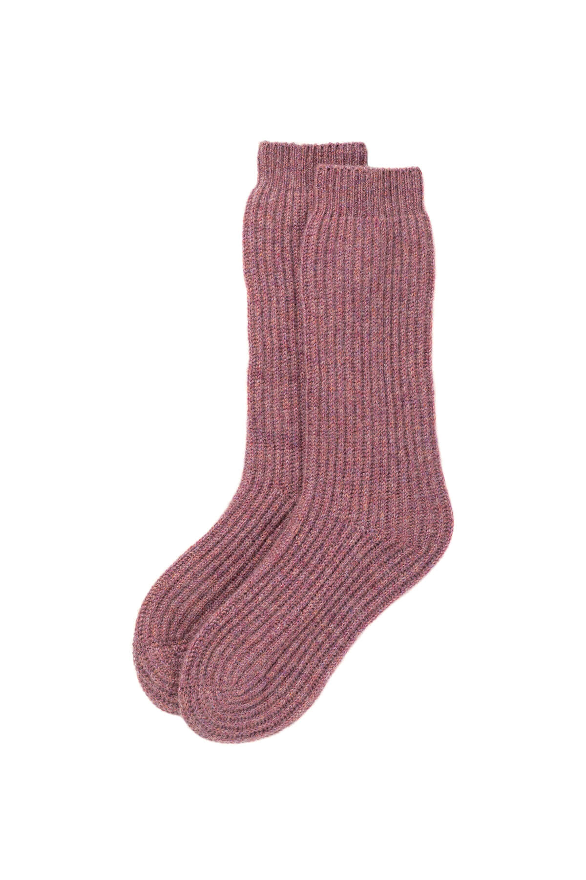Johnstons of Elgin’s Heather pink Luxe Ribbed Cashmere Bed Socks on a white background HAE02240HE4307ONE