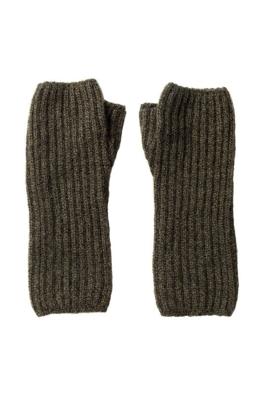 Johnstons of Elgin AW24 Knitted Accessory Olive Marl Ribbed Cashmere Wrist Warmers HAE02681HC7137ONE