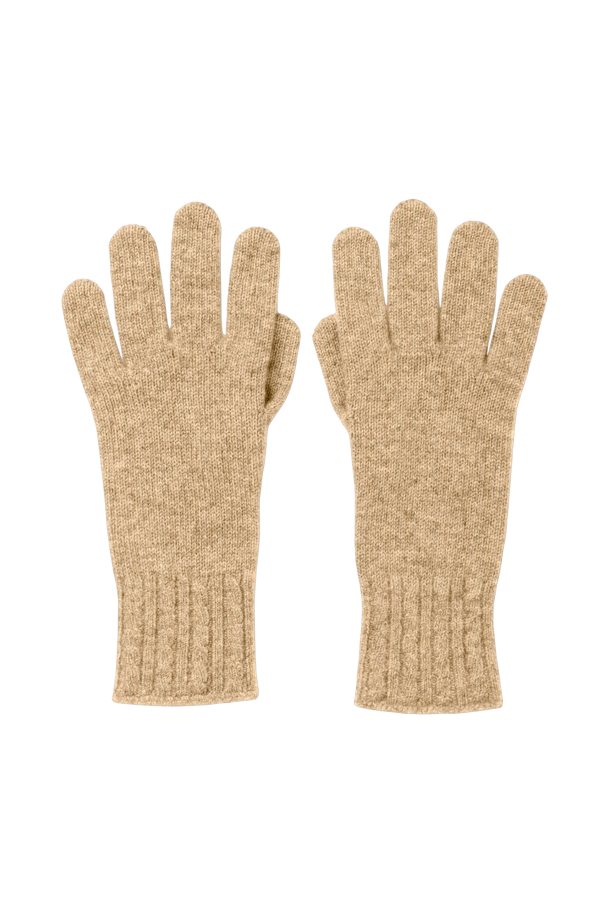 Johnstons of Elgin’s Oatmeal Women's Cashmere Gloves with Cable Cuff on a white background HAE03245HB0210