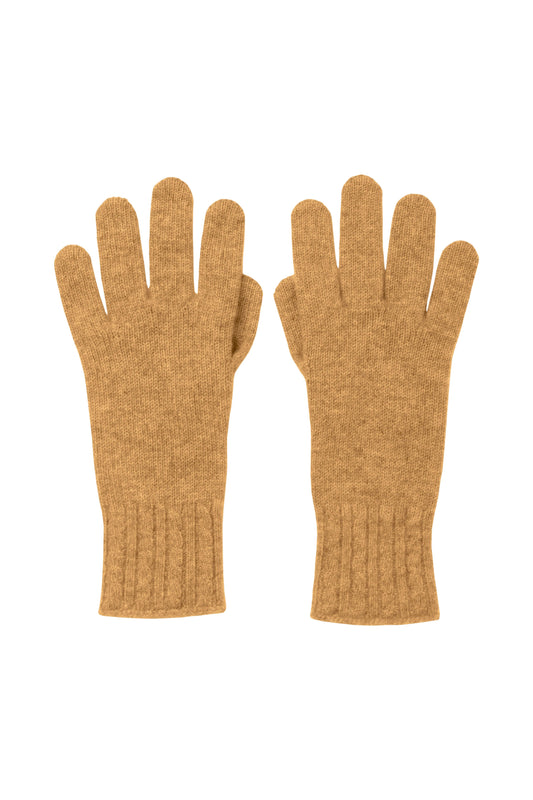 Johnstons of Elgin’s Camel Women's Cashmere Gloves with Cable Cuff on a white background HAE03245HB4315