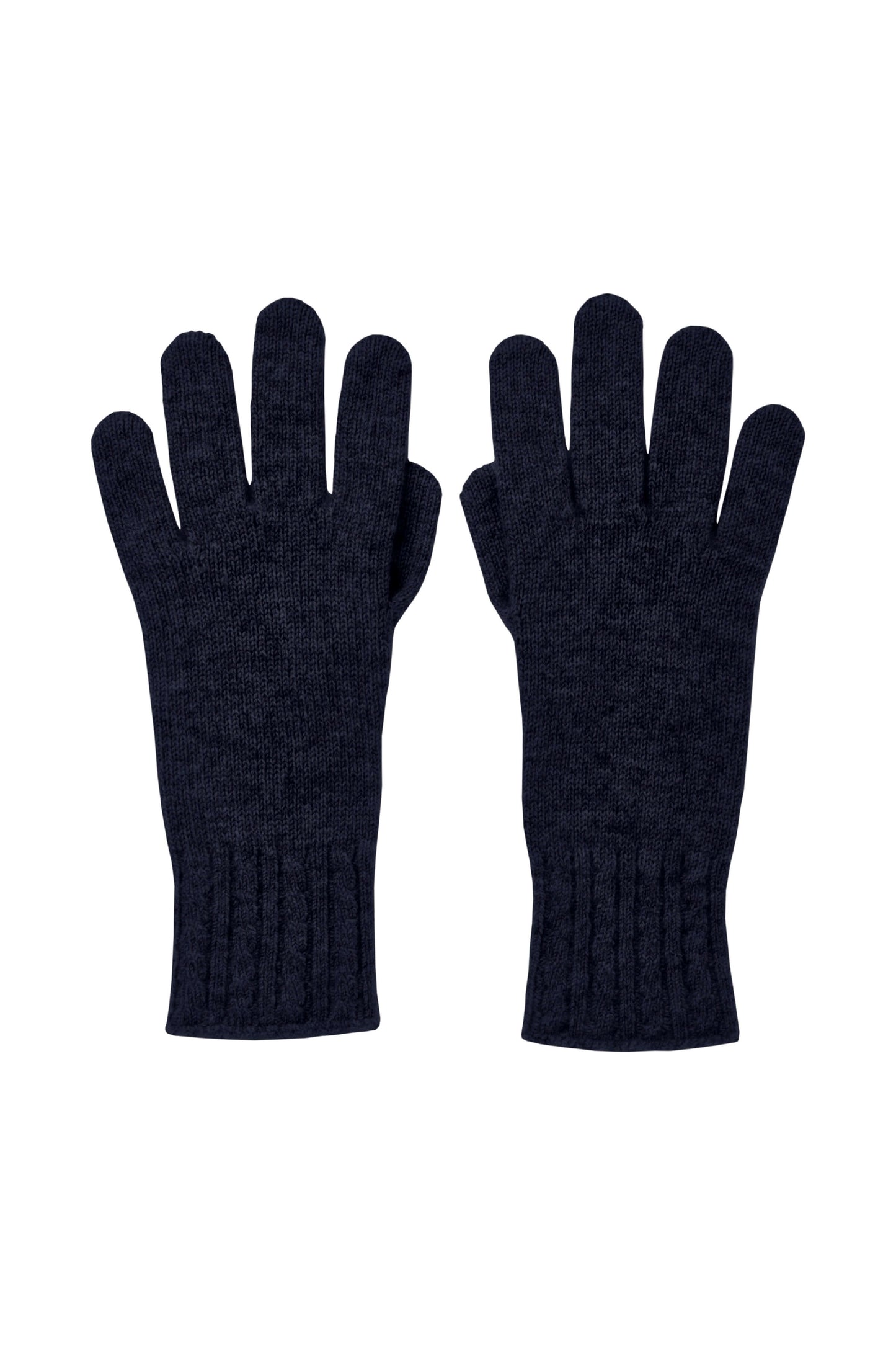 Johnstons of Elgin’s Navy Women's Cashmere Gloves with Cable Cuff on a white background HAE03245SD0707