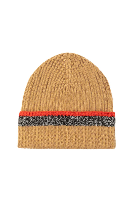 Johnstons of Elgin’s Camel Ribbed Cashmere Beanie with Pop Tipping on white background HAE03302Q2368342
