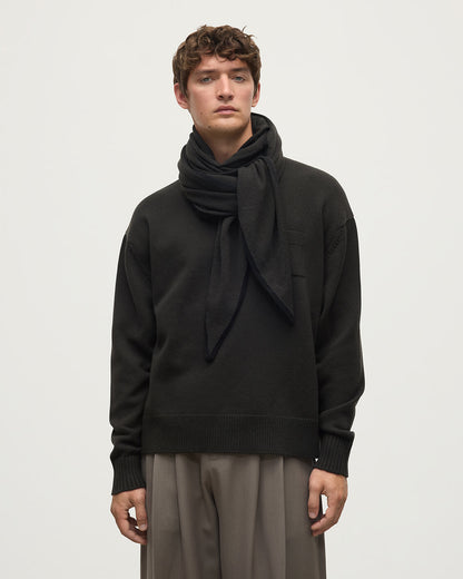 Model wears Johnstons of Elgin AW25 Knitted Accessories Iron & Black Gauzy Cashmere Black Diamond Scarf HAE03401Q25326ONE