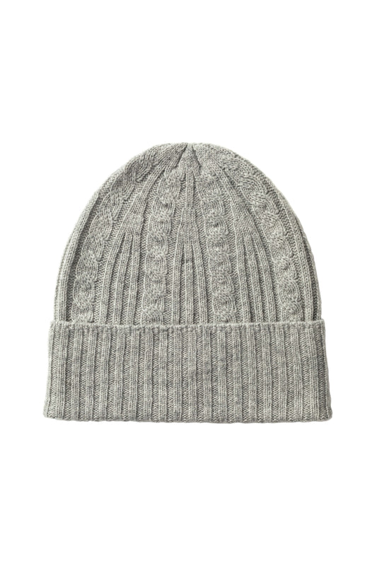 Johnstons of Elgin AW24 Knitted Accessory Light Grey Cable & Rib Cashmere Beanie HAE03408HA0308ONE