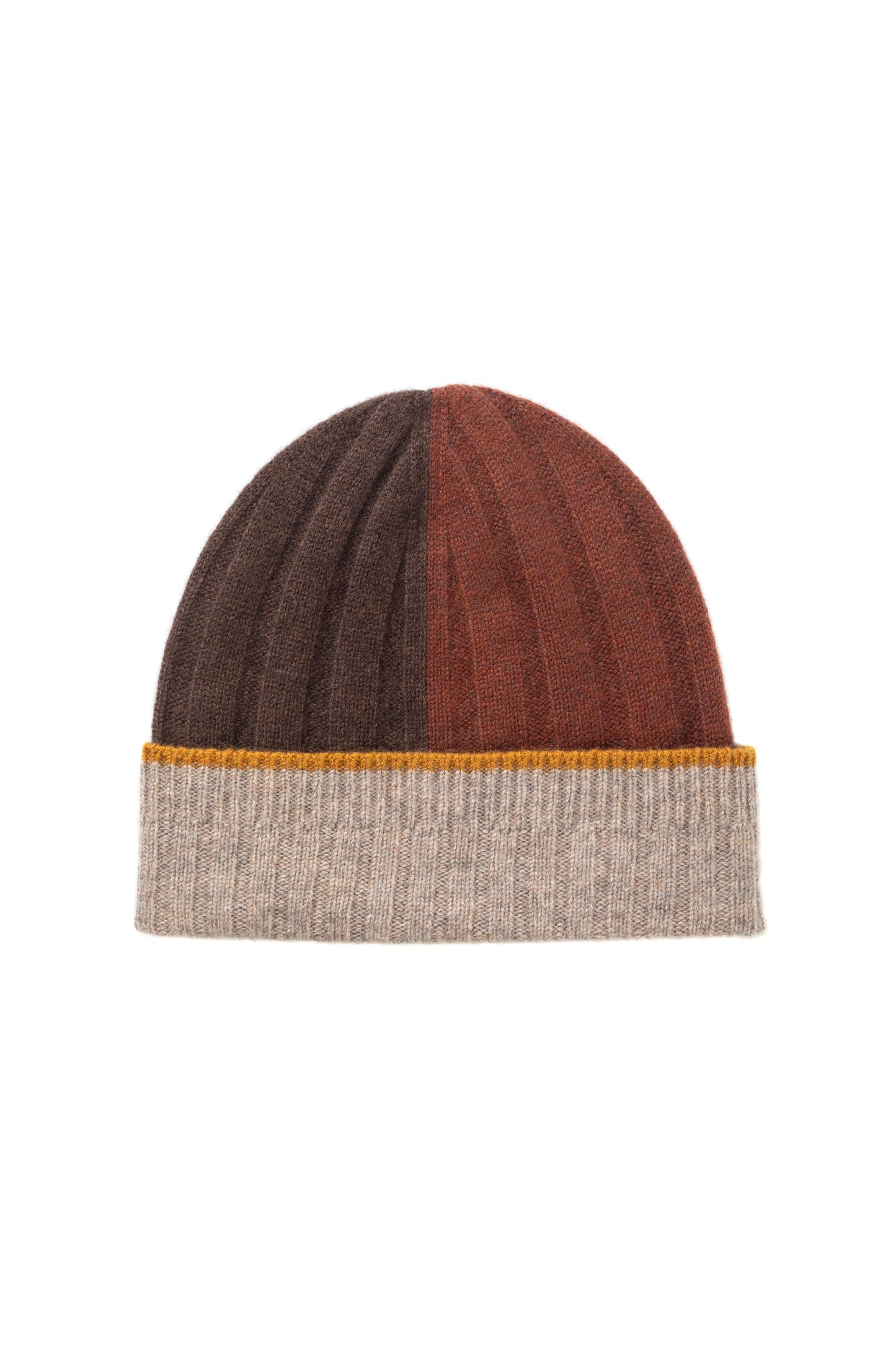 Johnstons of Elgin AW24 Knitted Accessory Ochre & SFA Ash & Peat & SFA Russet Colour Block Cashmere Beanie HAE03409Q24494ONE