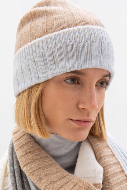 Johnstons of Elgin AW24 Knitted Accessory Luna & Ice Blue & Oatmeal & Light Grey Colour Block Cashmere Beanie HAE03409Q24495ONE