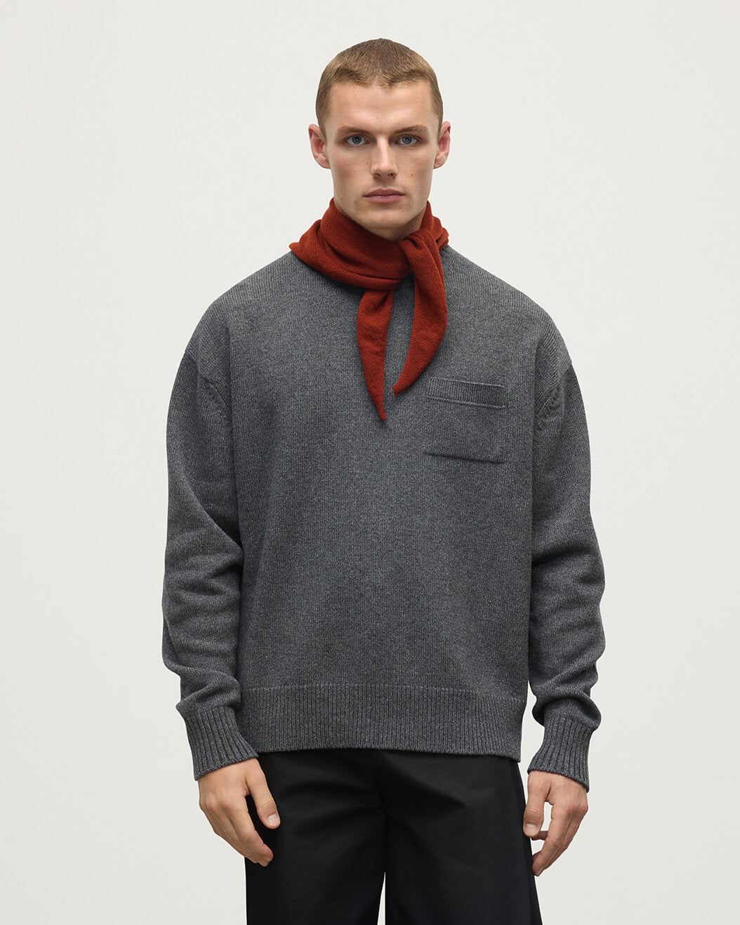 Model wears Johnstons of Elgin Red cashmere neck tie HAE03430SG4463ONE