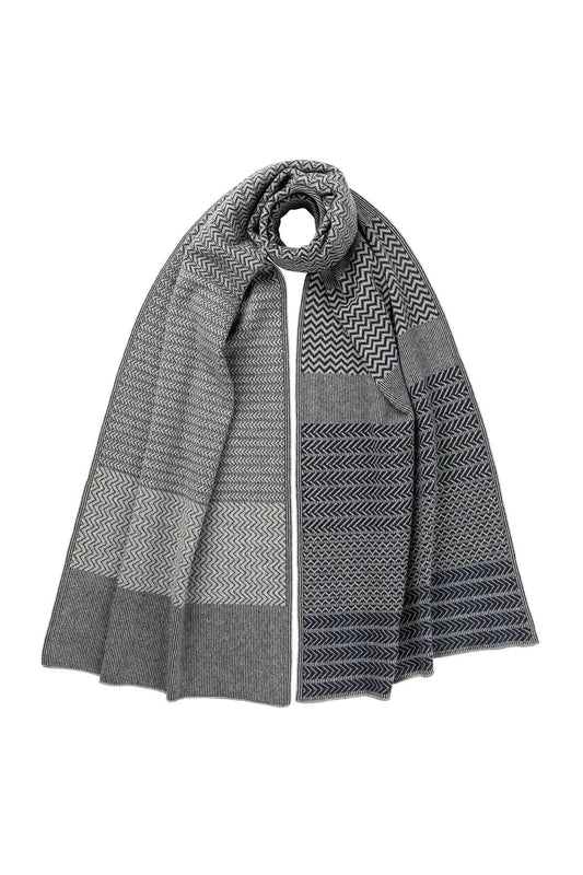 Johnstons of Elgin’s Light Grey and Mazarine Cashmere Jacquard Scarf on white background HAP03308Q23693