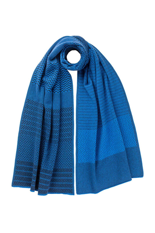 Johnstons of Elgin’s Orkney Blue and Ocean Cashmere Jacquard Scarf on white background HAP03308Q23694