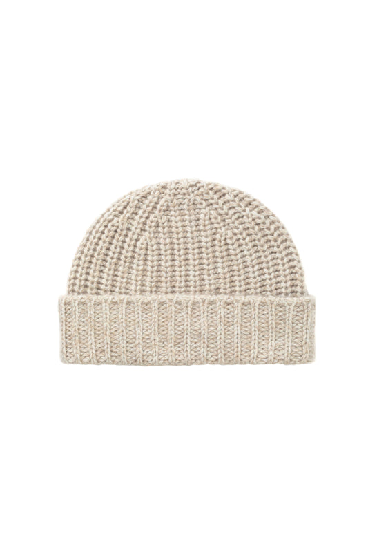 Johnstons of Elgin AW24 Knitted Accessory Oatmeal Chunky Rib Marl Cashmere Beanie HAT02850004965ONE
