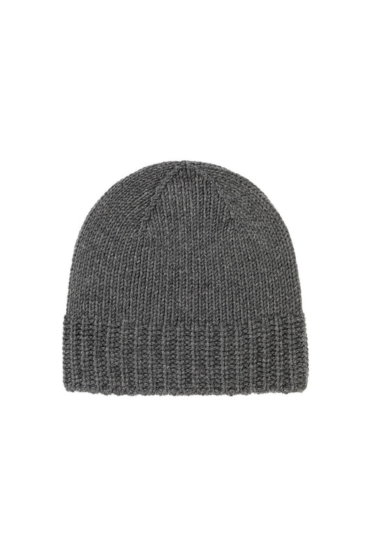 Johnstons of Elgin’s Mid Grey Cashmere Chunky Rib Beanie on white background HAT03246HA4181